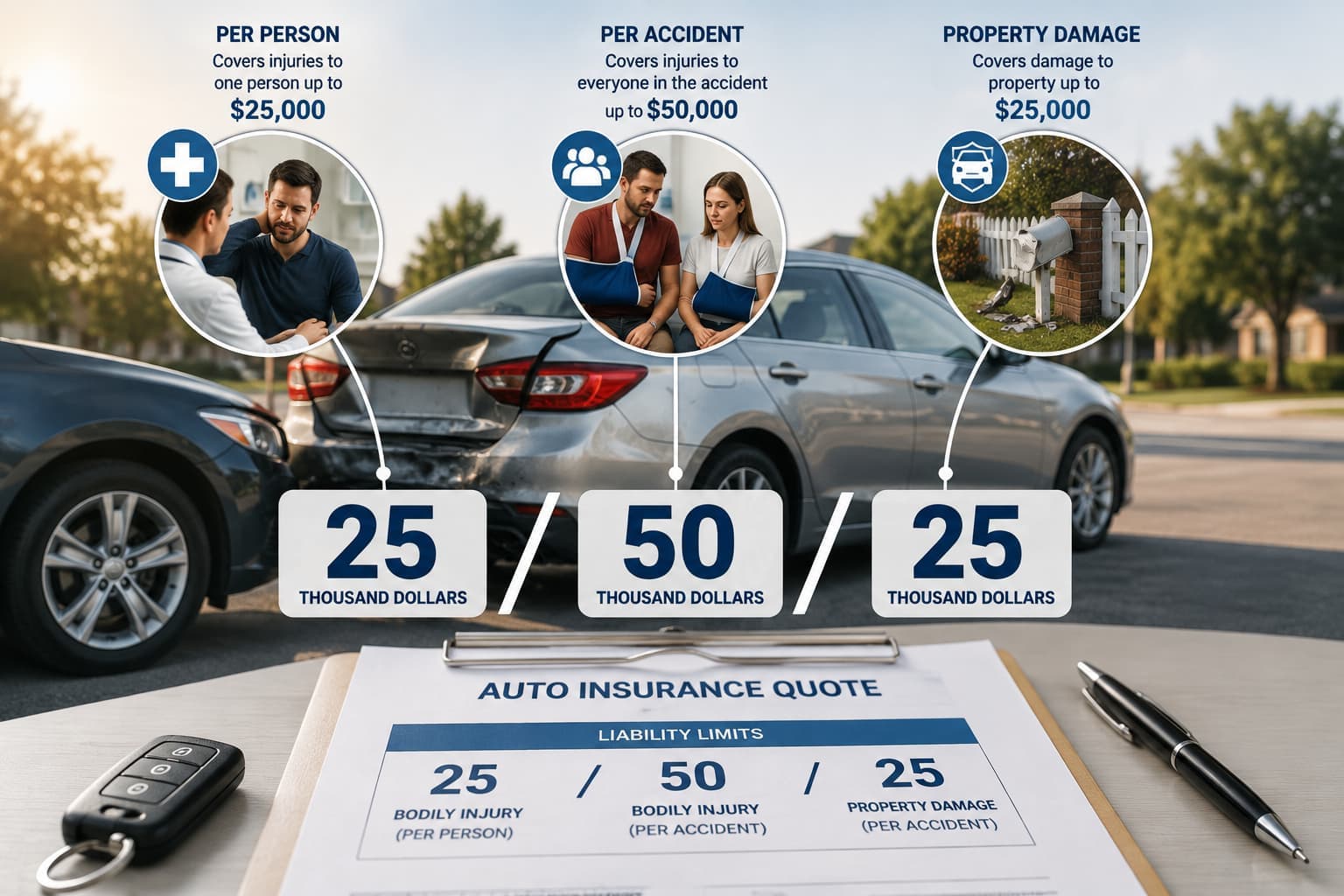 Insurance quote showing 25/50/25 liability limits with a simple visual explaining bodily injury and property damage coverage.