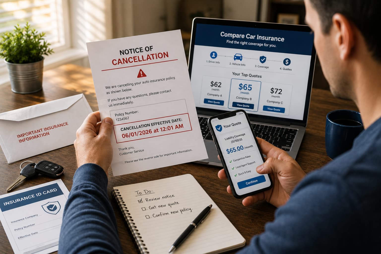 Driver in Oklahoma City reviewing a car insurance cancellation notice and checking the policy's effective cancellation date.