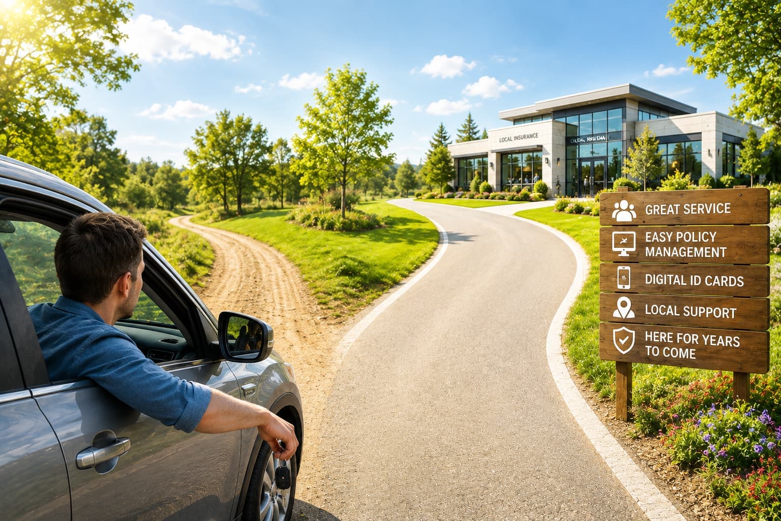 Driver deciding between insurance company options with a road leading to a local insurance office.