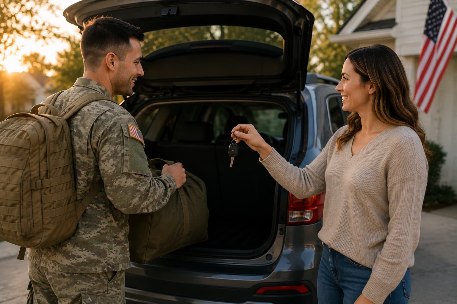 Military family preparing for a deployment while transferring vehicle responsibility.
