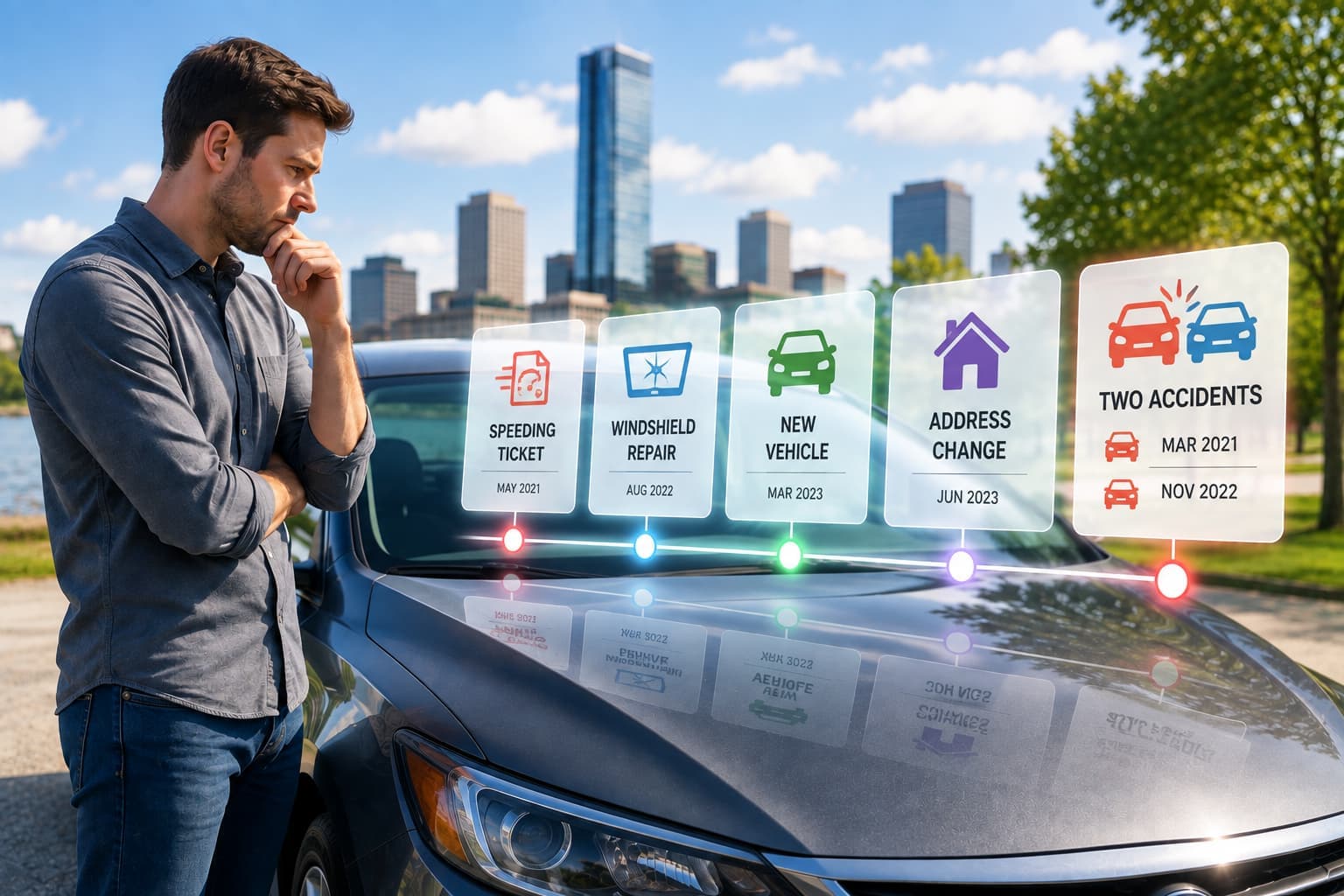Driver reflecting on past driving events that may affect a future car insurance quote.