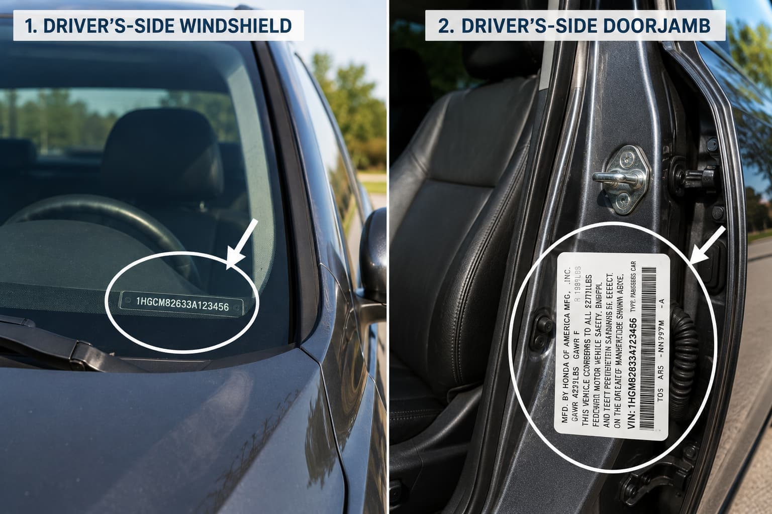 Side-by-side view of a vehicle's VIN plate through the windshield and the VIN label inside the driver's-side doorjamb.