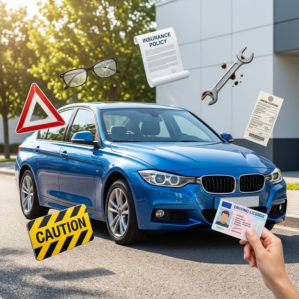 3D illustration showing a vehicle surrounded by symbols representing factors that can affect auto insurance risk.