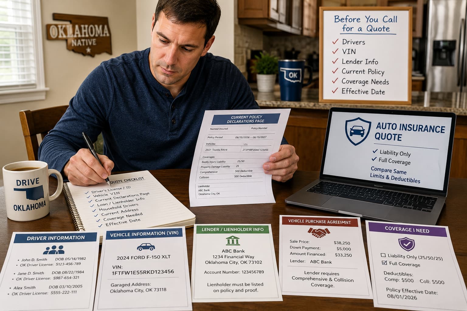 Oklahoma driver preparing VIN, lender, household-driver, and coverage details before requesting an auto insurance quote.