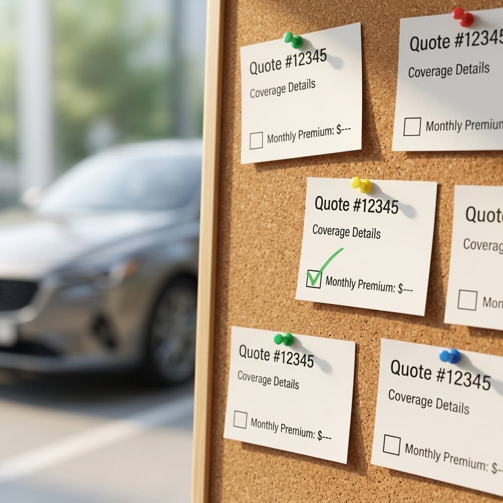 Magnifying glass comparing multiple vehicle insurance quotes beside car keys in Oklahoma City.