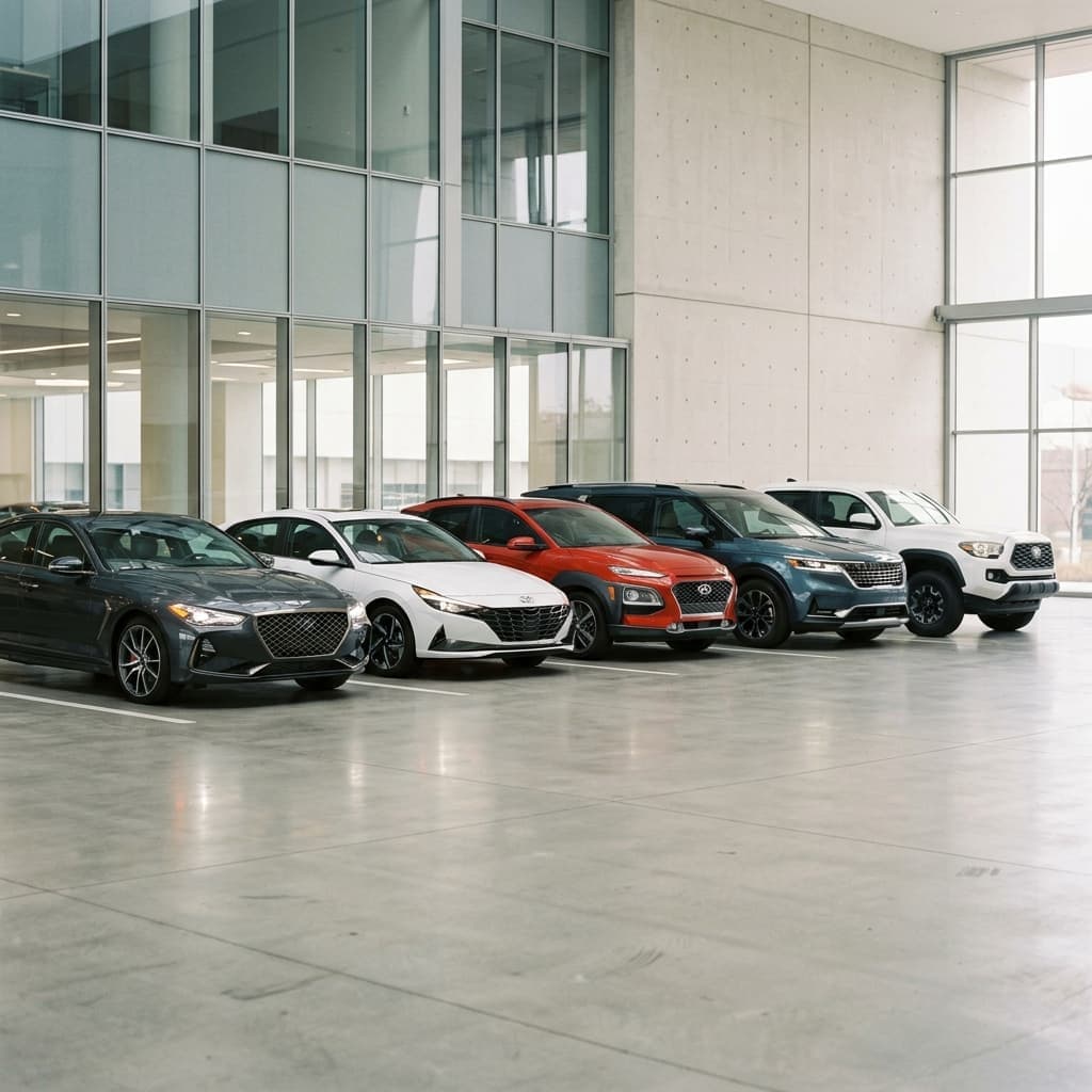 Lineup of sedans, SUVs, trucks, and minivans commonly compared for insurance costs and overall vehicle ownership value.