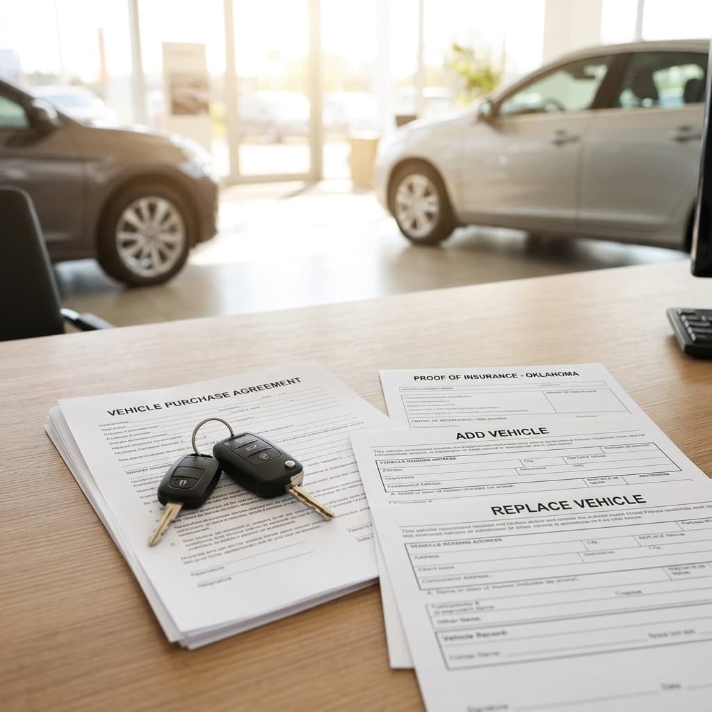 New vehicle insurance paperwork showing whether to add, replace, or start a car insurance policy in Oklahoma.