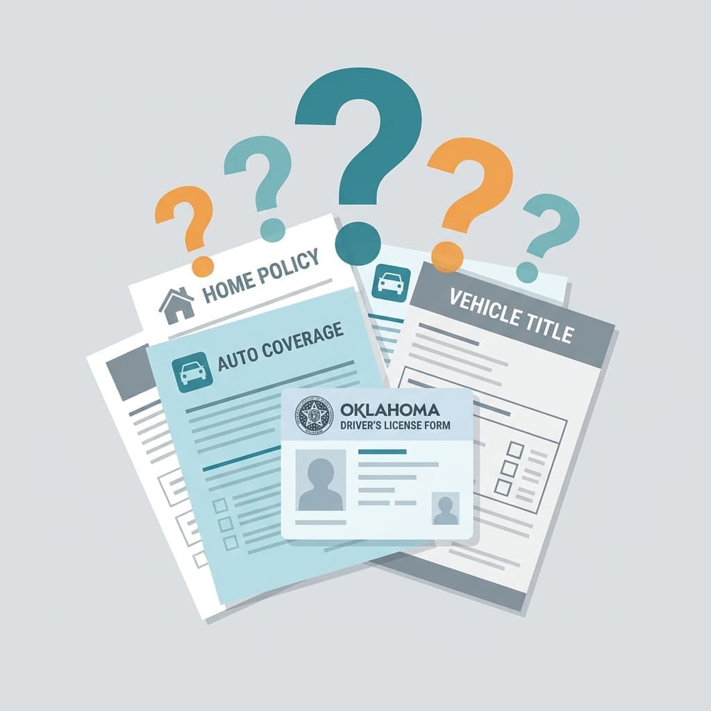 Car insurance for non vehicle owner illustration with Oklahoma license paperwork and question marks