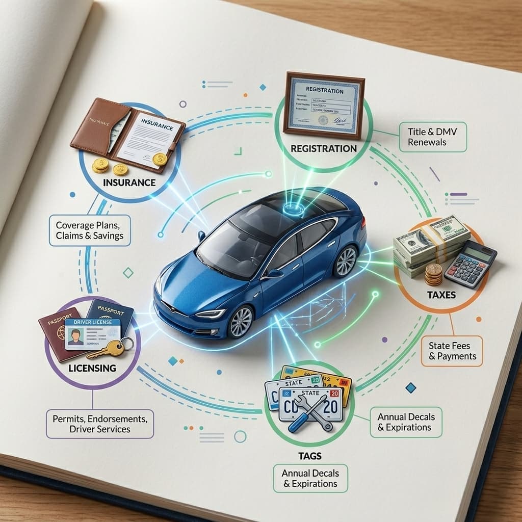 Vehicle surrounded by insurance documents, registration paperwork, license plate tags, and licensing requirements representing the costs of owning a car in Oklahoma.