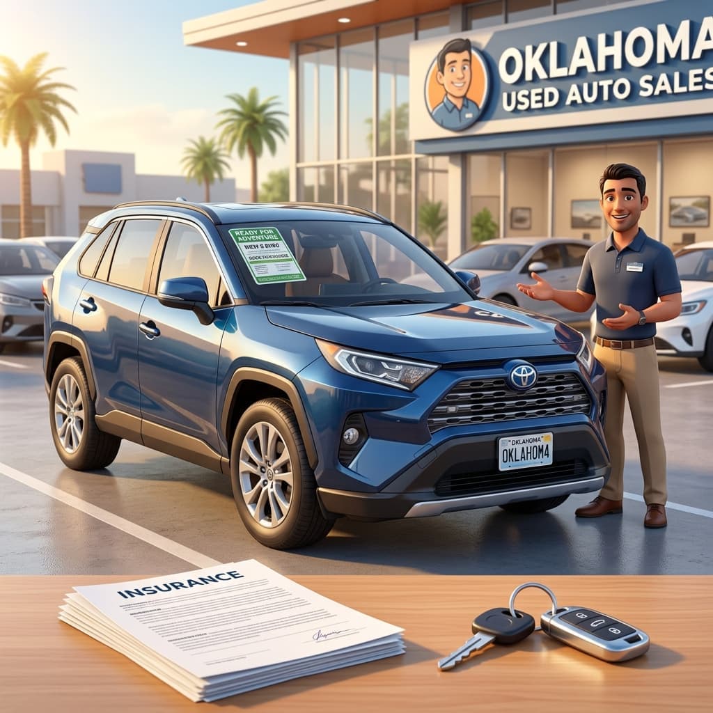 Cartoon-style illustration of used car purchase with insurance paperwork in Tulsa