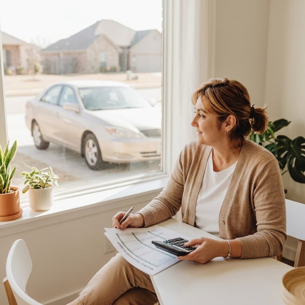Older paid-off car and household budget paperwork showing a fixed-income auto insurance decision in Oklahoma City.