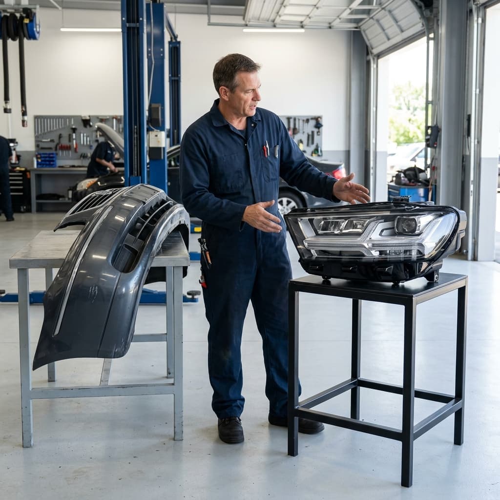 Mechanic comparing replacement parts for an older sedan and a newer SUV, illustrating how vehicle repair costs influence the cost of auto insurance in Tulsa.