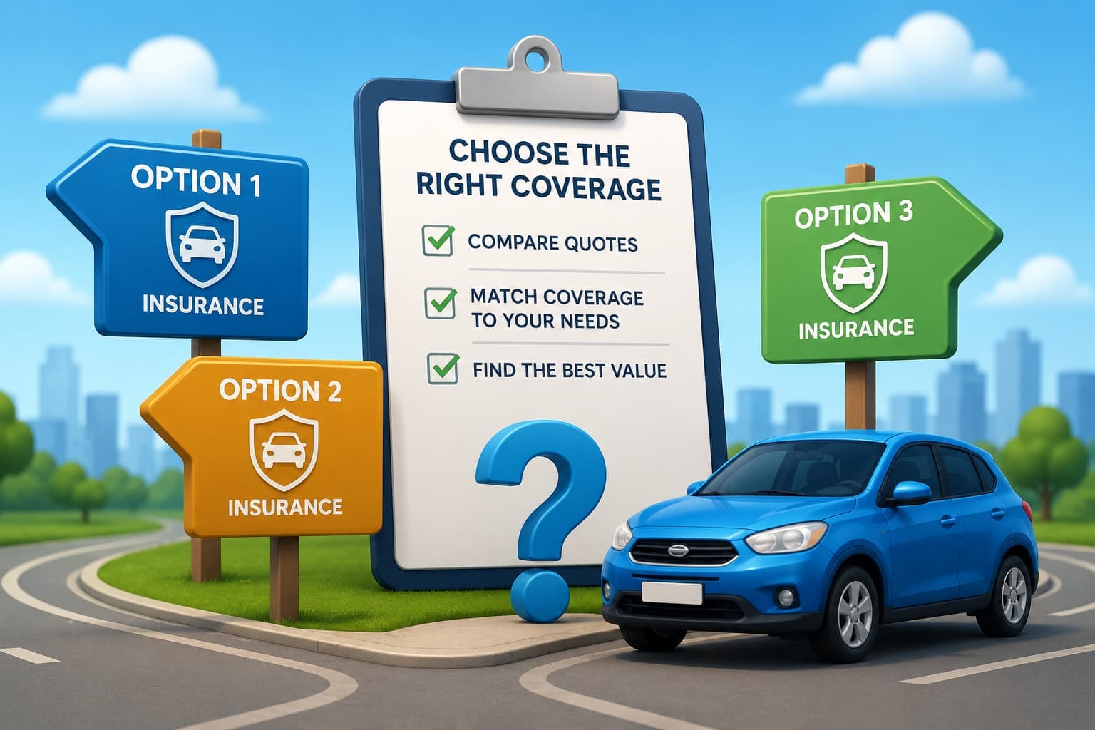 3D illustration of a driver comparing multiple car insurance options before choosing a policy.