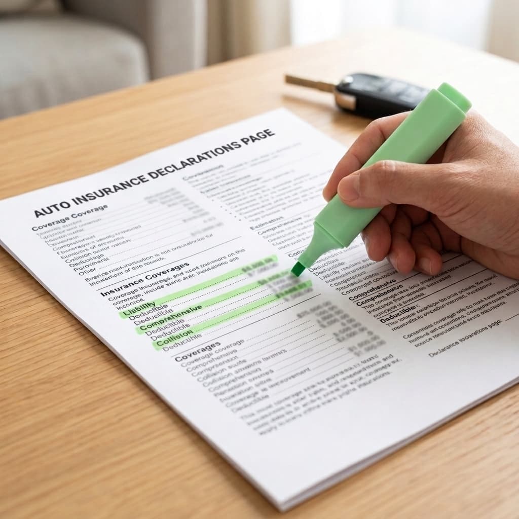 Car insurance declarations page showing where deductibles appear for comprehensive and collision, not liability.