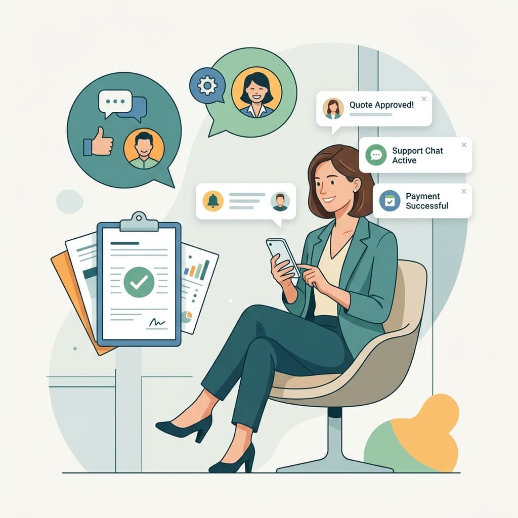 Professional illustration of modern Tulsa insurance communication with quote paperwork and mobile support notifications