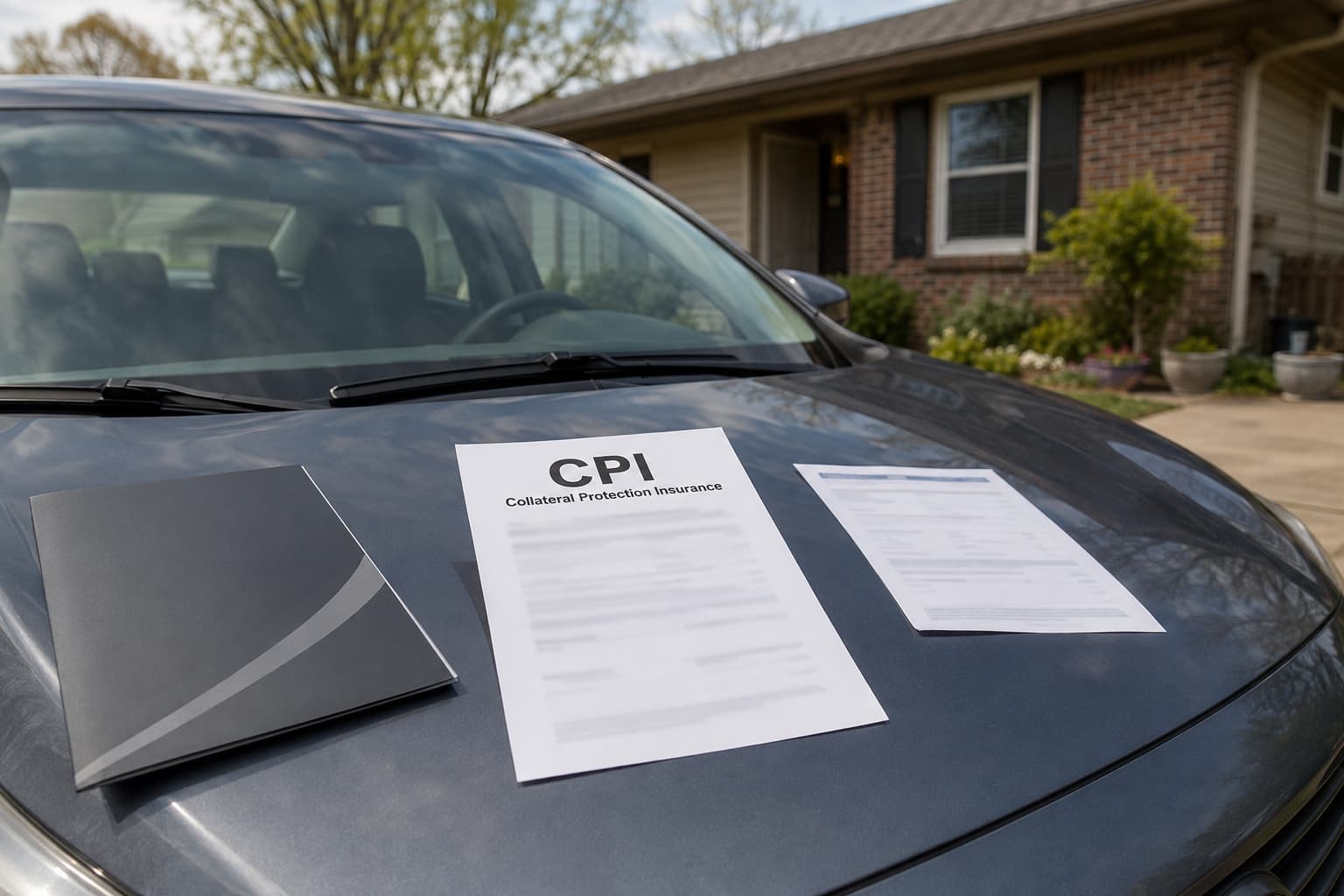 CPI collateral protection insurance notice on the hood of a financed car in Tulsa.