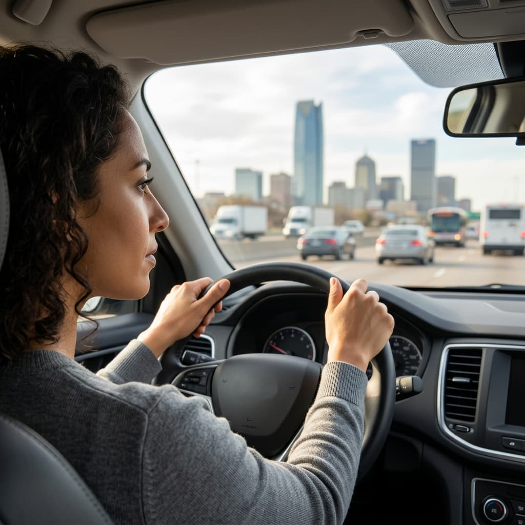 Safe driver practicing defensive driving on a busy Oklahoma City roadway.