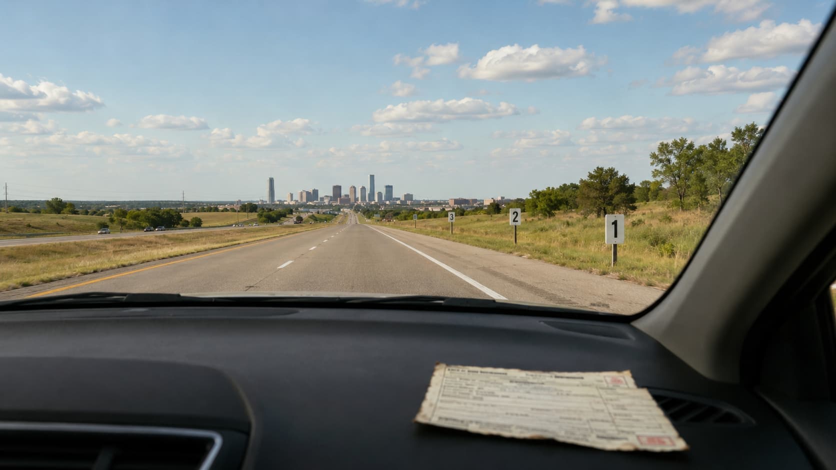 High risk auto insurance concept showing three roadside markers leading toward Oklahoma City.