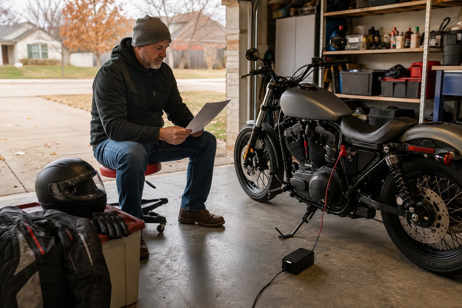 Oklahoma motorcycle owner reviewing insurance before storing a motorcycle for winter.