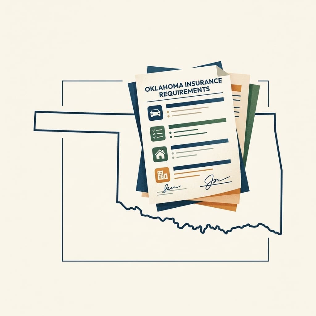 Oklahoma state outline with insurance documents representing Oklahoma auto insurance laws and minimum coverage requirements.
