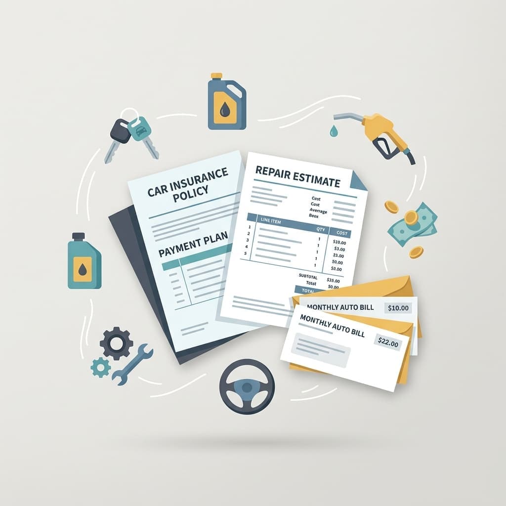 Minimal illustration of floating insurance bills, repair estimates, and monthly transportation expenses against neutral background