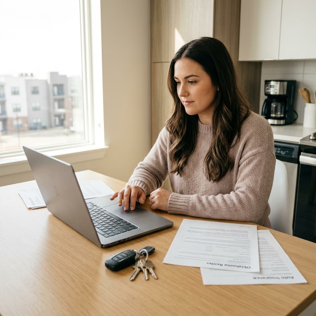 Oklahoma City renter reviewing bundled renters and auto insurance policies on a laptop at home.
