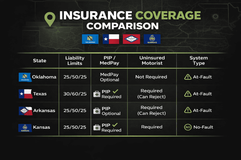 Comparison chart of car insurance coverage requirements in Oklahoma, Texas, Arkansas, and Kansas, including liability limits, PIP or MedPay, uninsured motorist coverage, and system type.
