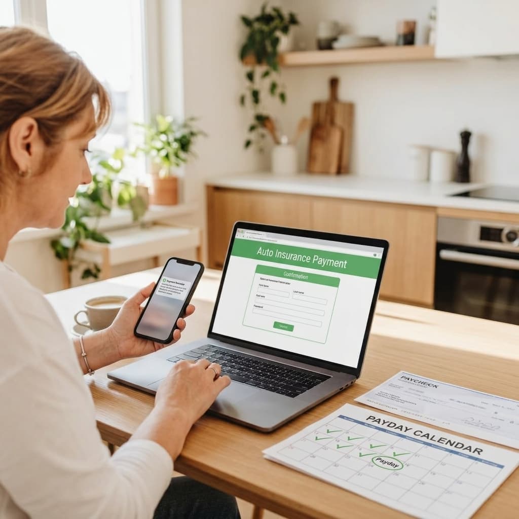 Driver reviewing a bi-weekly auto insurance payment schedule while budgeting household expenses.