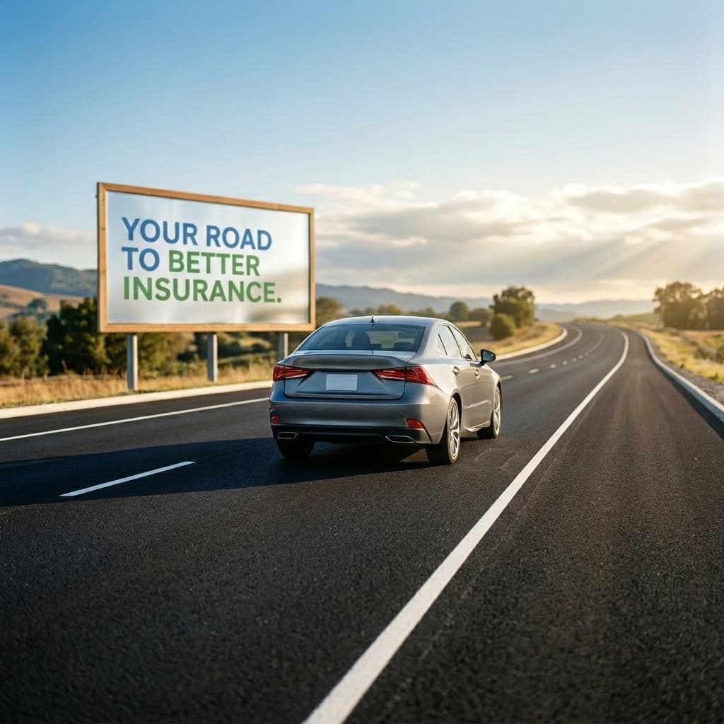 Car driving toward a clear horizon on an open highway, symbolizing rebuilding a driving record and finding better car insurance rates.