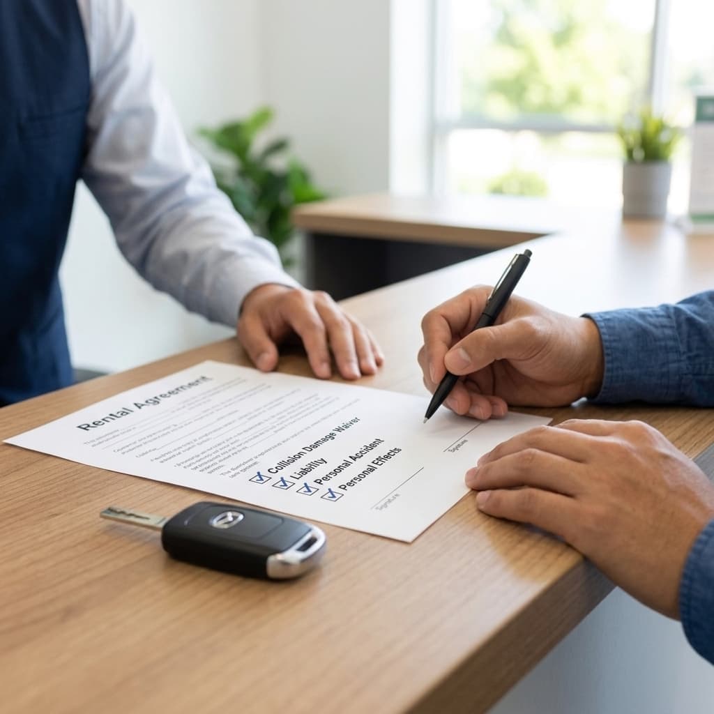 Rental car keys and optional coverage paperwork at an airport rental counter in Oklahoma City.