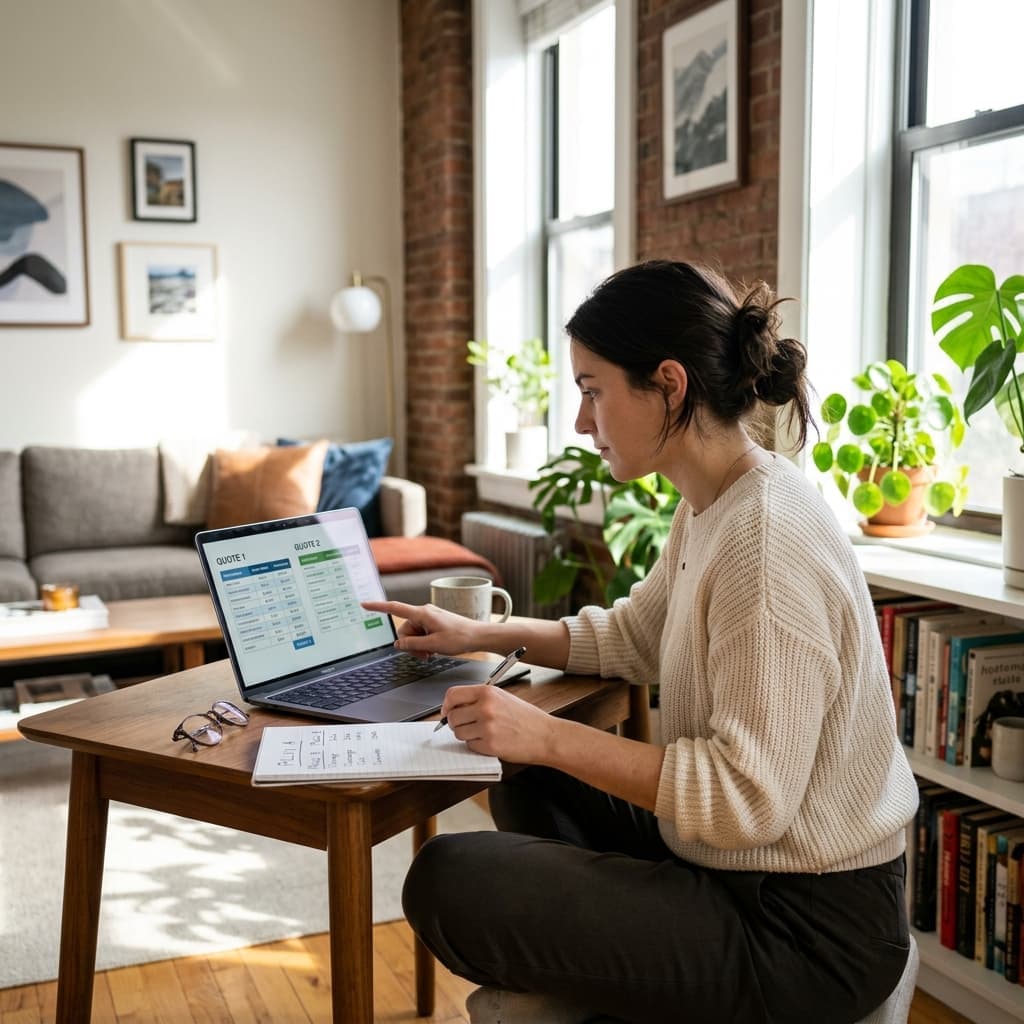 Renter reviewing a renters insurance quote and coverage options before purchasing a policy.