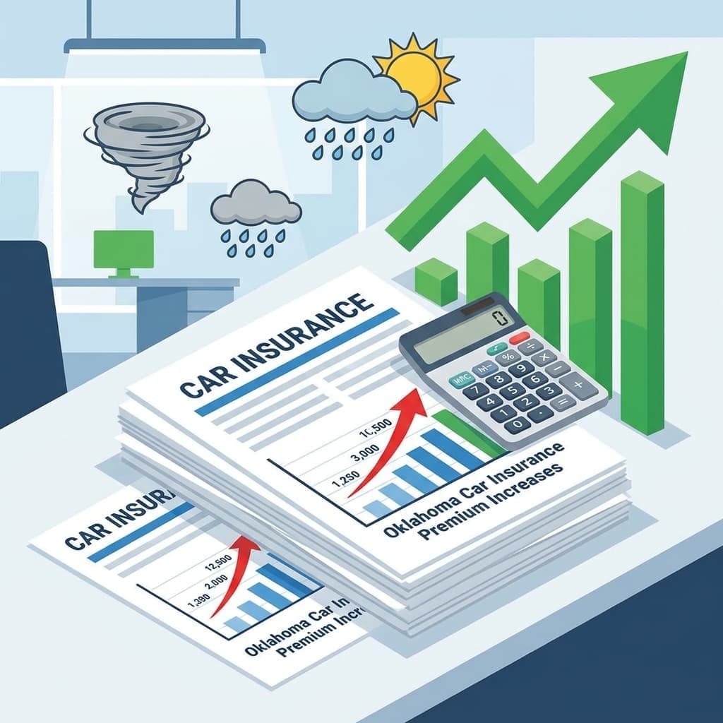 Rising Oklahoma car insurance costs illustration with premium charts and weather-related insurance factors