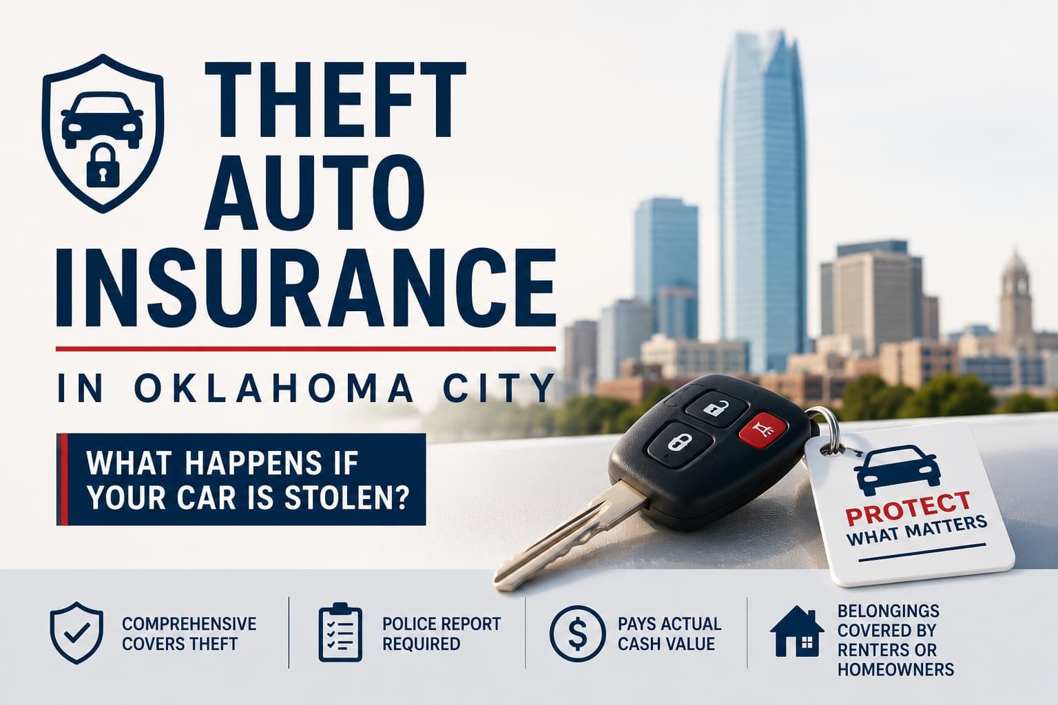 Illustration of theft auto insurance with a car key and Oklahoma City skyline.