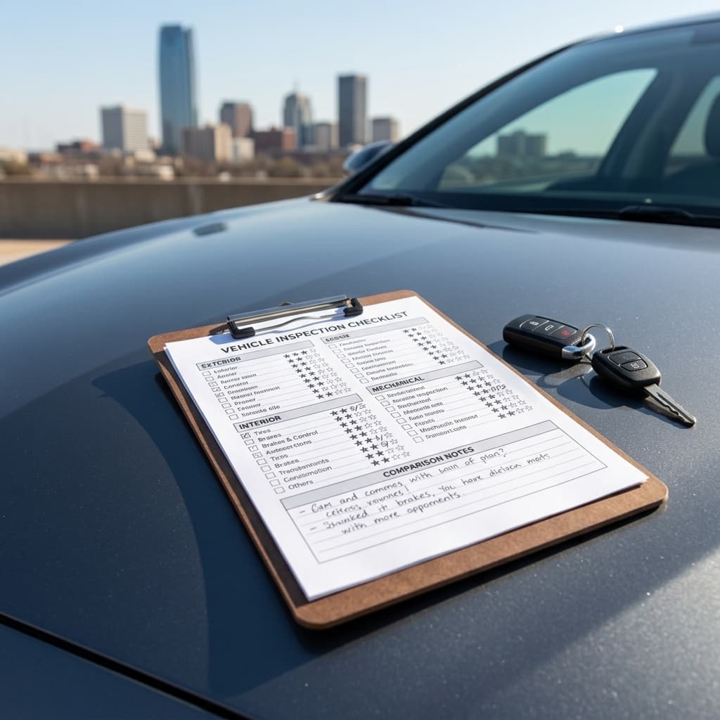 Clipboard comparing top-rated car insurance options with car keys on a vehicle in Oklahoma City