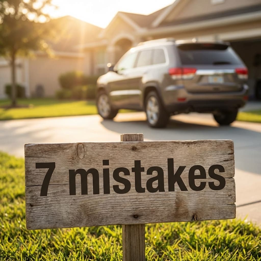 Sign showing 7 mistakes in front of car representing common causes of high car insurance rates in Tulsa