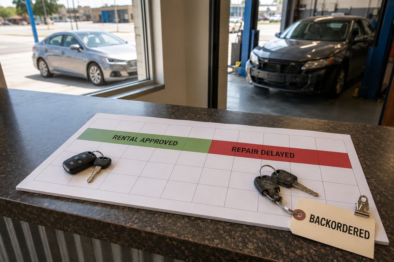 Repair-shop calendar illustrating whether insurance will pay for more rental days after a delayed repair.