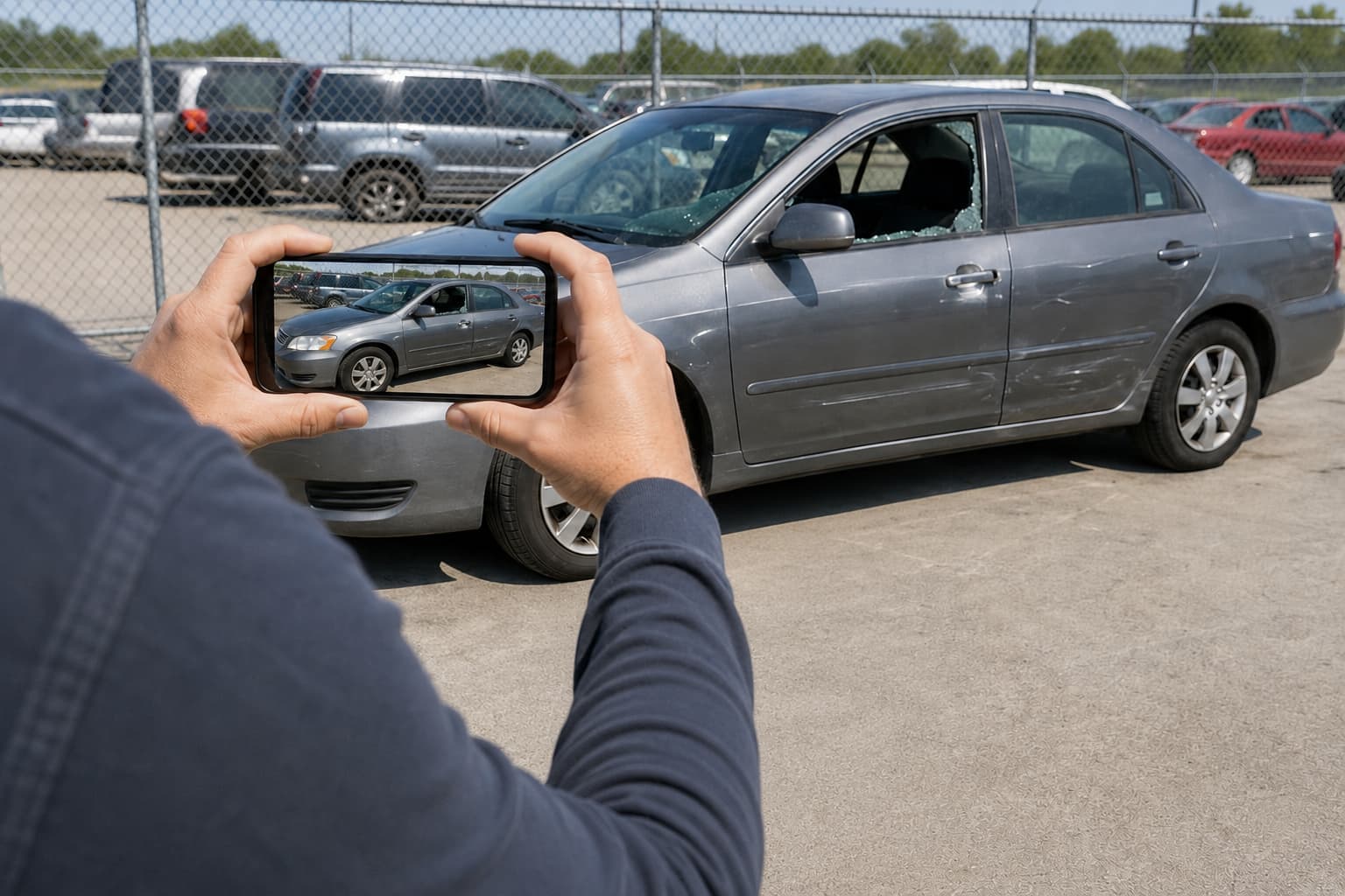 Tulsa owner photographing a recovered stolen car for an insurance claim.