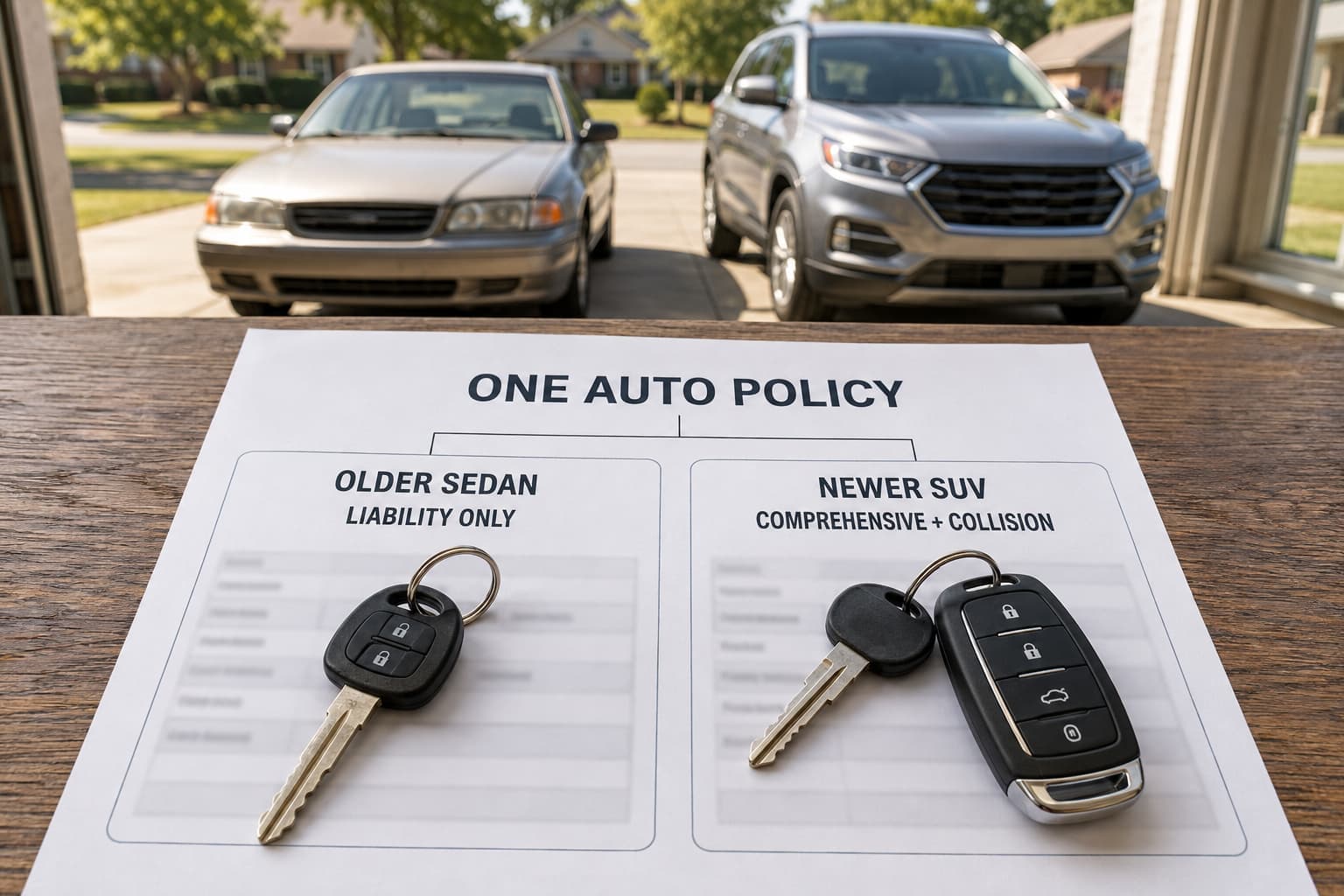 Two cars on the same policy with different coverage in a Tulsa driveway.