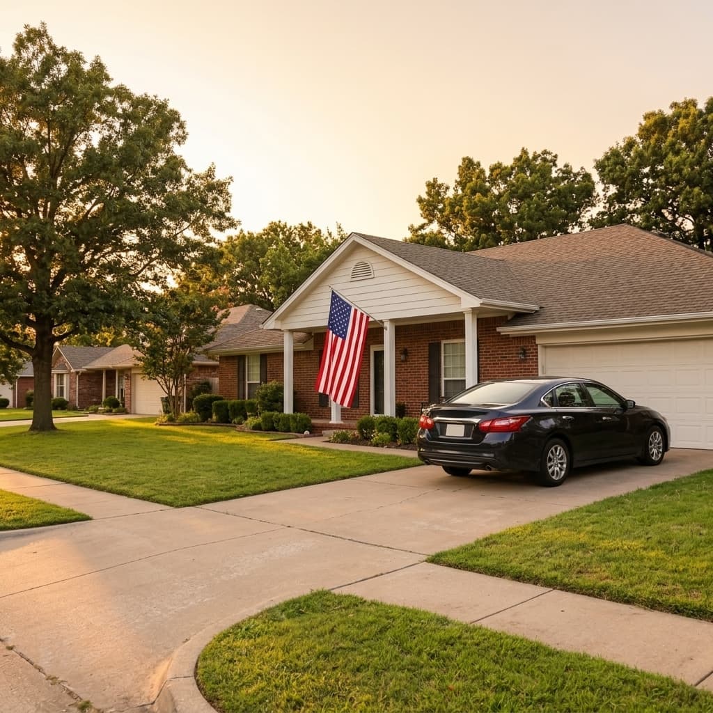 American flag displayed outside a Tulsa home with a vehicle parked in the driveway, representing military families exploring auto insurance options.