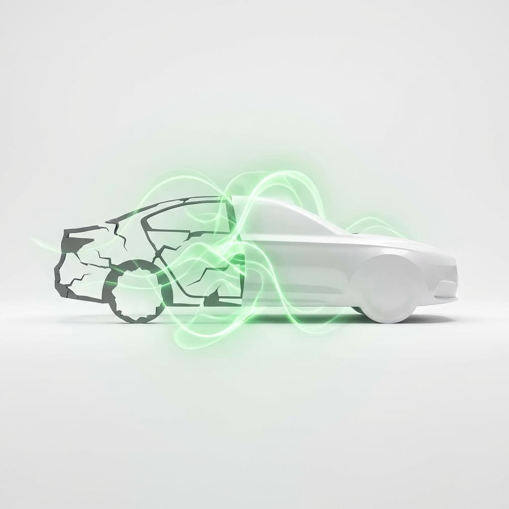 car transitioning from damage to repair with green lines symbolizing insurance claims process