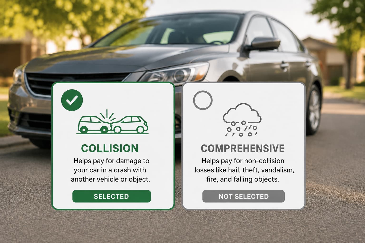 Collision coverage selected while comprehensive coverage is not selected, with a car in the background.