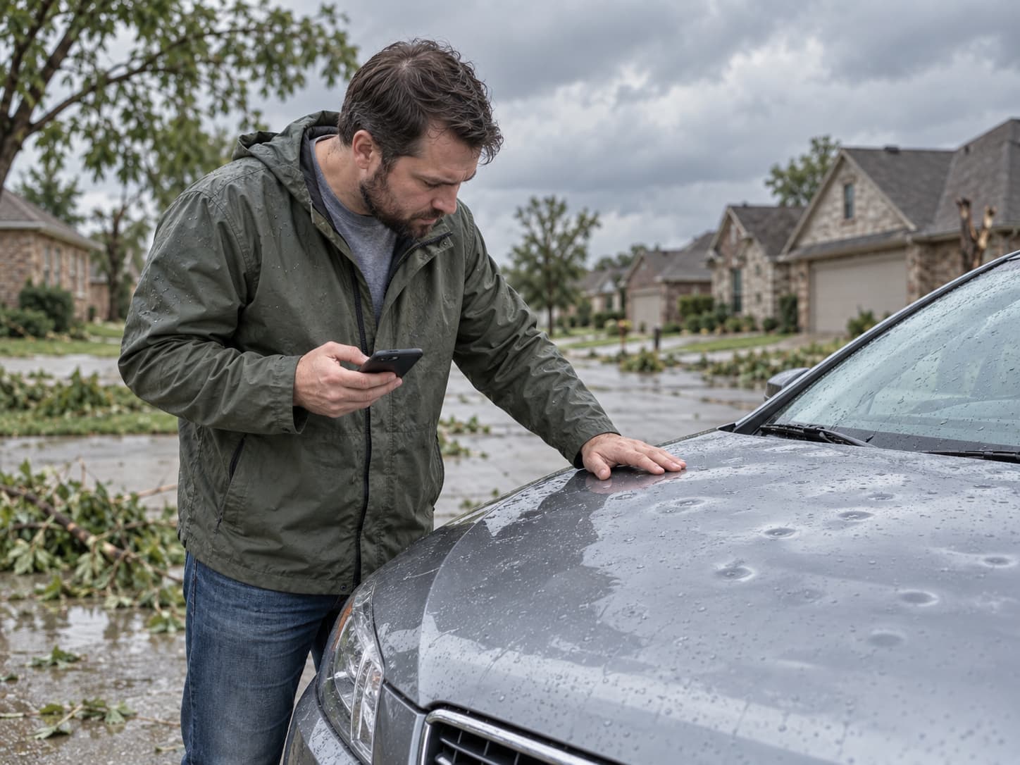 Oklahoma driver inspecting hail damage on a car after a severe storm.