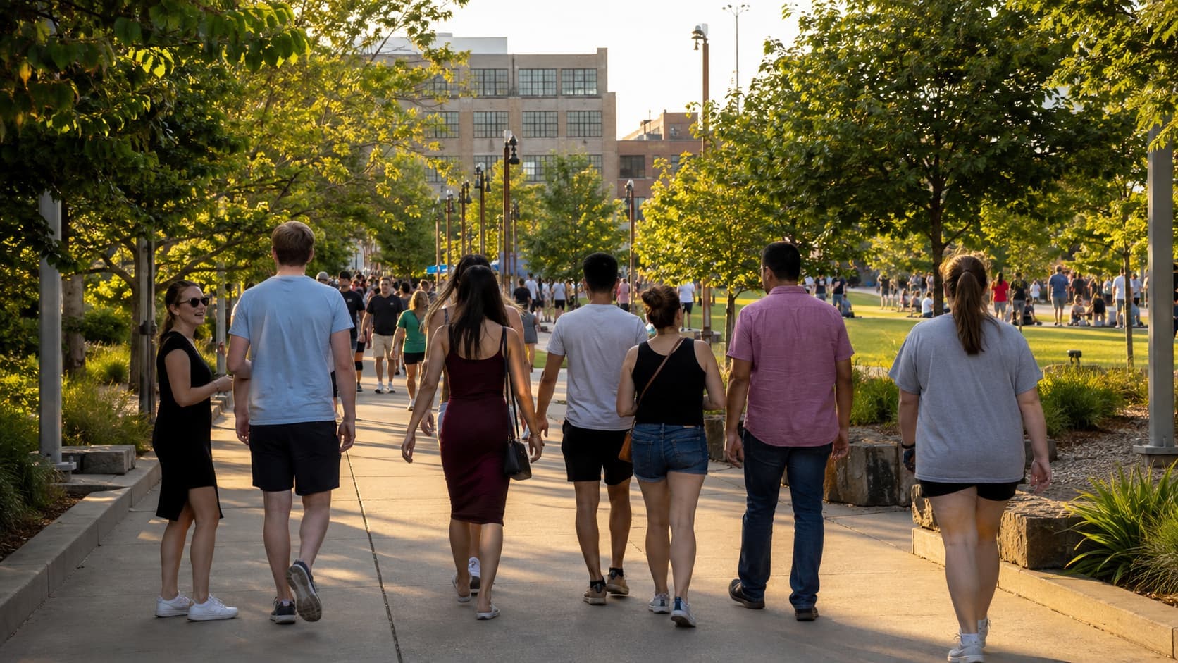 People walking through a downtown park during Labor Day weekend in Oklahoma