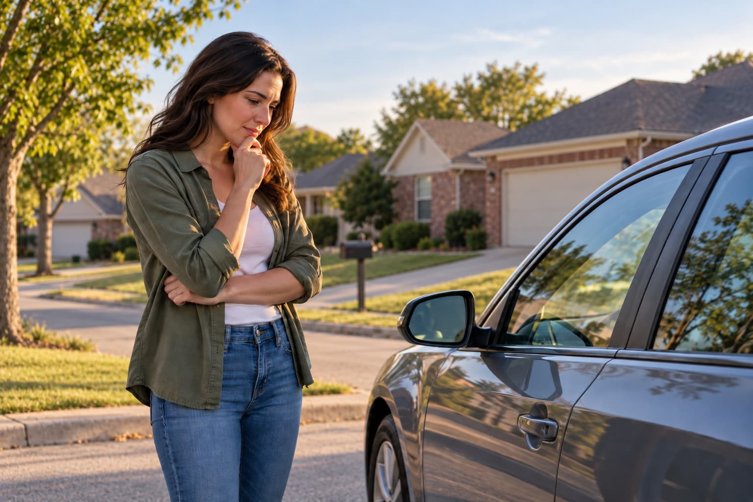 Oklahoma driver looking at a car while considering non-owner insurance costs.