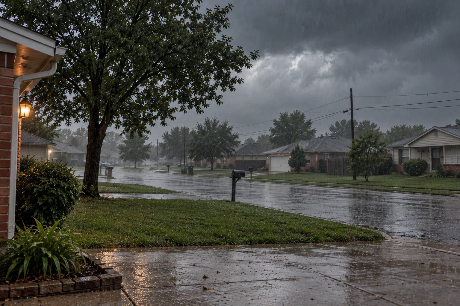 Rainy storm over an Oklahoma neighborhood representing weather damage covered by comprehensive car insurance.