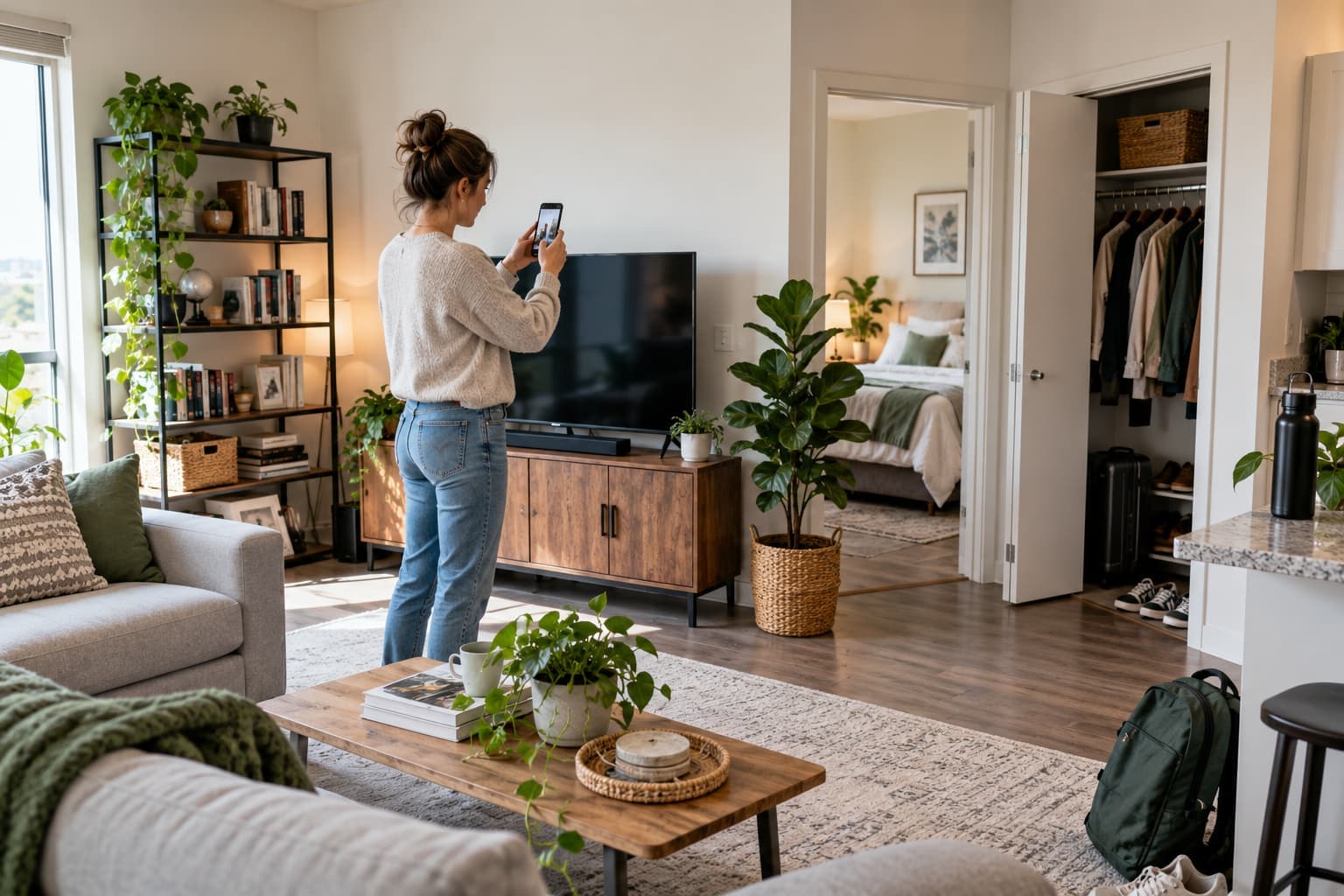 Renter photographing belongings in a bright apartment while creating a home inventory