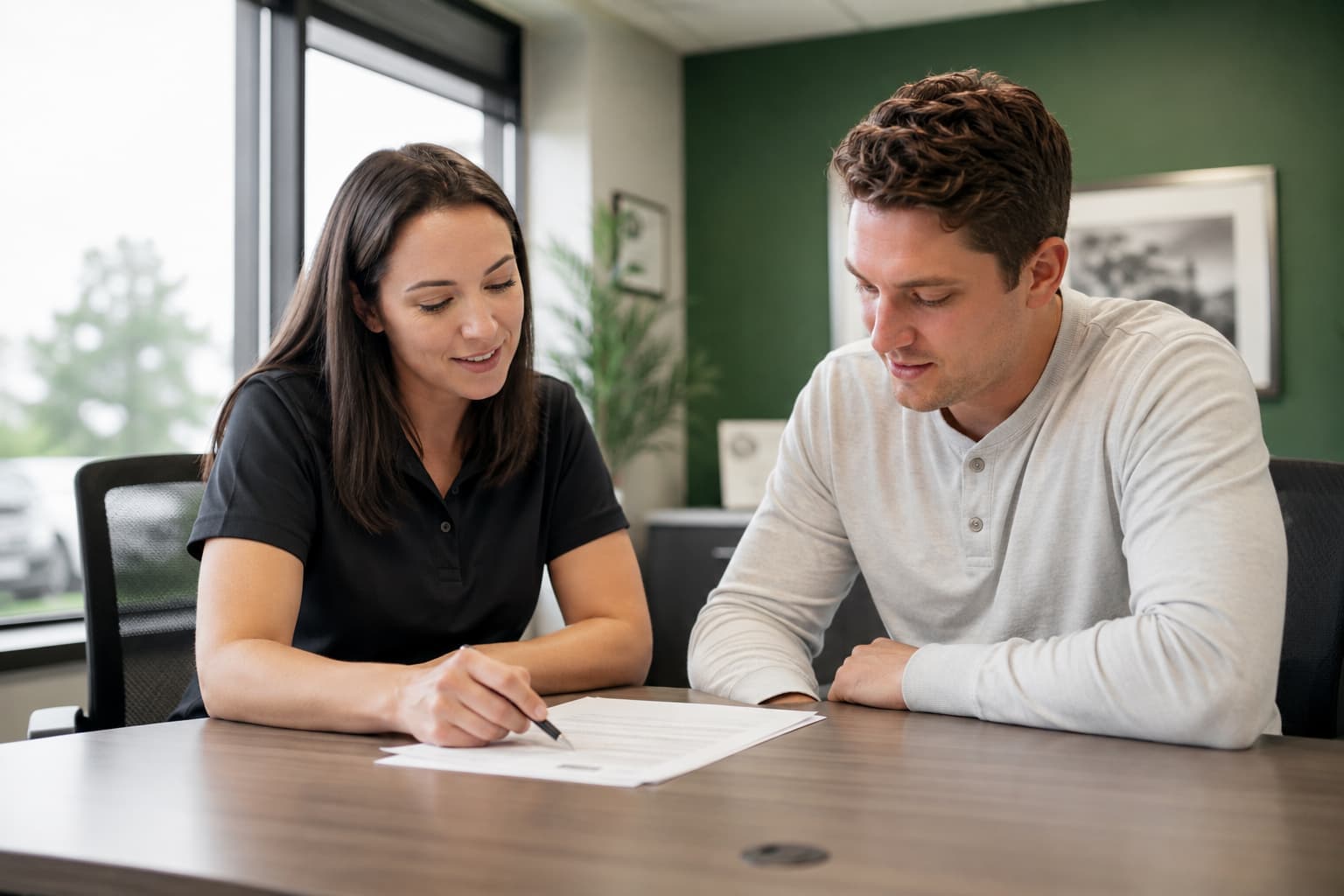 Customer reviewing same-day auto insurance paperwork with an agent in an Oklahoma City insurance office.