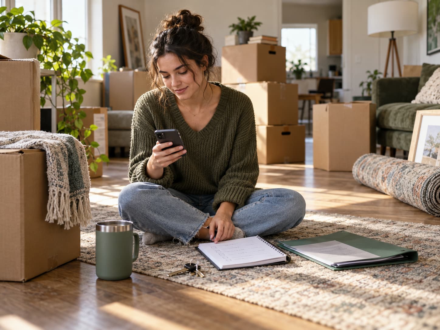 Renter reviewing insurance information while preparing to move to a new Oklahoma rental