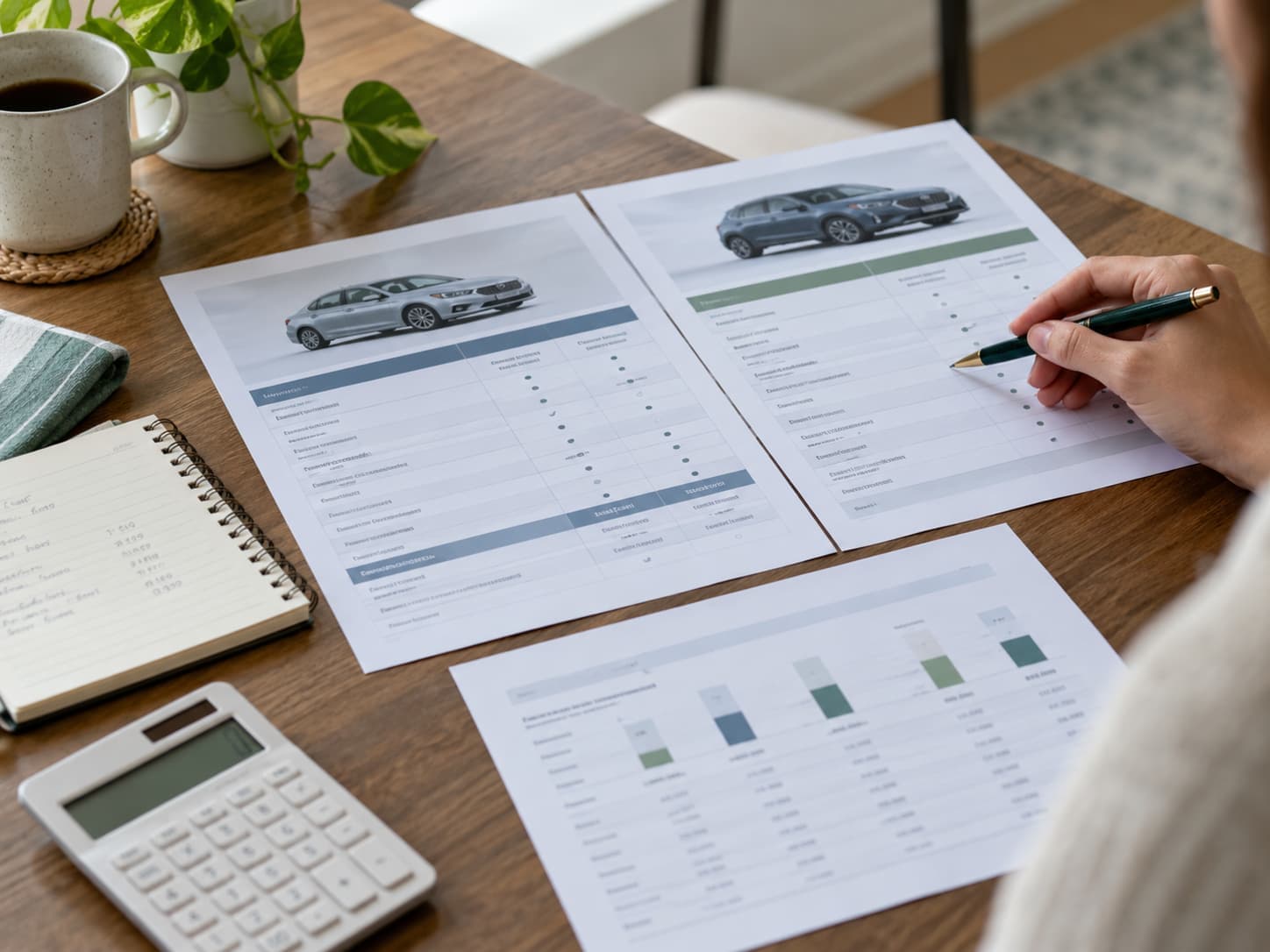 Person comparing car insurance quotes, liability coverage options, and monthly payment details side by side.