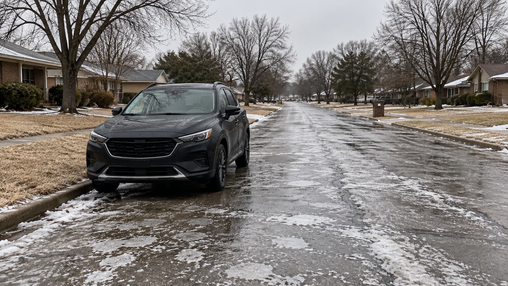Dark SUV parked along an icy residential street in Oklahoma, with patches of snow, bare trees, and overcast winter skies.